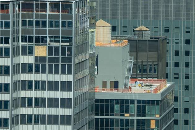 July 8, 2026, New York, New York, USA: View of the top floors of the commercial building in Midtown Manhattan of New York, NY on July 8, 2026 which was under construction to be converted as residential where on July 7 reported that a steel beam on the 21st floor was compromised, and the Fire Department said that two support columns inside the building were buckling and several upper floors were sagging. The building remains at risk of collapse and engineers are working to secure it. New York USA  - ZUMAr339 20260708_znp_r339_012 Copyright: xLevxRadinx