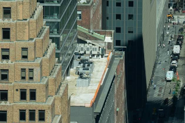 July 8, 2026, New York, New York, USA: View of the top floors of the commercial building in Midtown Manhattan of New York, NY on July 8, 2026 which was under construction to be converted as residential where on July 7 reported that a steel beam on the 21st floor was compromised, and the Fire Department said that two support columns inside the building were buckling and several upper floors were sagging. The building remains at risk of collapse and engineers are working to secure it. New York USA - ZUMAr339 20260708_znp_r339_013 Copyright: xLevxRadinx