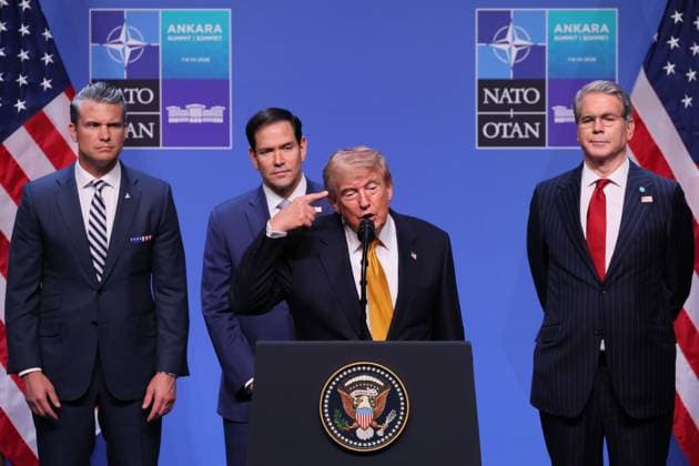 US President Donald Trump (C) pictured at a head of states and government summit of the NATO (North Atlantic Treaty Organization) military alliance, Wednesday 08 July 2026, in Ankara, Turkey.  BENOITxDOPPAGNE 180730283