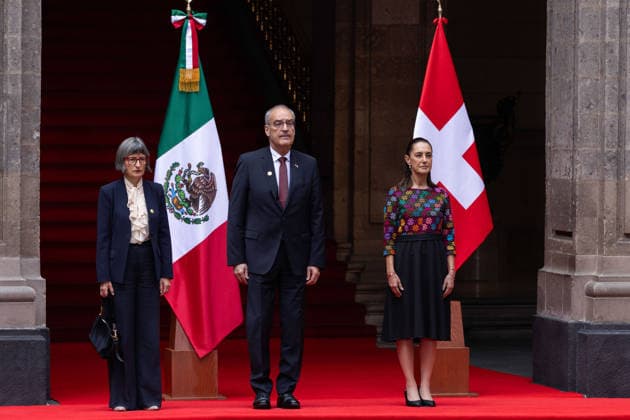 July 8, 2026, Mexico City, Mexico: The President of Mexico, CLAUDIA SHEINBAUM PARDO, welcomed the President of the Swiss Confederation and Minister of Economy, GUY PARMELIN, accompanied by his wife, CAROLINE MEROTTO, during an official ceremony in the Courtyard of Honor at the National Palace in Mexico City, as part of the Swiss leaders official visit to the country. Mexico City Mexico - ZUMAl178 20260708_znp_l178_002 Copyright: xCristianxLeyvax