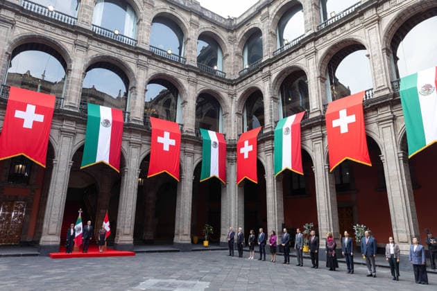July 8, 2026, Mexico City, Mexico: The President of Mexico, CLAUDIA SHEINBAUM PARDO, welcomed the President of the Swiss Confederation and Minister of Economy, GUY PARMELIN, accompanied by his wife, CAROLINE MEROTTO, during an official ceremony in the Courtyard of Honor at the National Palace in Mexico City, as part of the Swiss leaders official visit to the country. Mexico City Mexico  - ZUMAl178 20260708_znp_l178_003 Copyright: xCristianxLeyvax