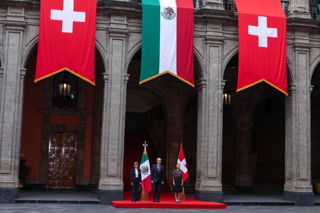 July 8, 2026, Mexico City, Mexico: The President of Mexico, CLAUDIA SHEINBAUM PARDO, welcomed the President of the Swiss Confederation and Minister of Economy, GUY PARMELIN, accompanied by his wife, CAROLINE MEROTTO, during an official ceremony in the Courtyard of Honor at the National Palace in Mexico City, as part of the Swiss leaders official visit to the country. Mexico City Mexico - ZUMAl178 20260708_znp_l178_007 Copyright: xCristianxLeyvax