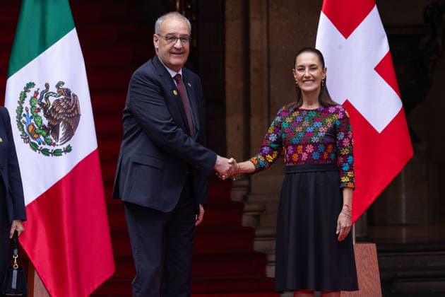 July 8, 2026, Mexico City, Mexico: The President of Mexico, CLAUDIA SHEINBAUM PARDO, welcomed the President of the Swiss Confederation and Minister of Economy, GUY PARMELIN, accompanied by his wife, CAROLINE MEROTTO, during an official ceremony in the Courtyard of Honor at the National Palace in Mexico City, as part of the Swiss leaders official visit to the country. Mexico City Mexico  - ZUMAl178 20260708_znp_l178_015 Copyright: xCristianxLeyvax