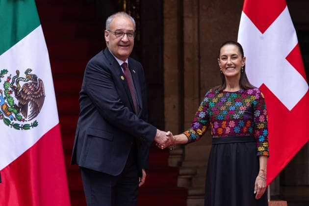 July 8, 2026, Mexico City, Mexico: The President of Mexico, CLAUDIA SHEINBAUM PARDO, welcomed the President of the Swiss Confederation and Minister of Economy, GUY PARMELIN, accompanied by his wife, CAROLINE MEROTTO, during an official ceremony in the Courtyard of Honor at the National Palace in Mexico City, as part of the Swiss leaders official visit to the country. Mexico City Mexico - ZUMAl178 20260708_znp_l178_010 Copyright: xCristianxLeyvax