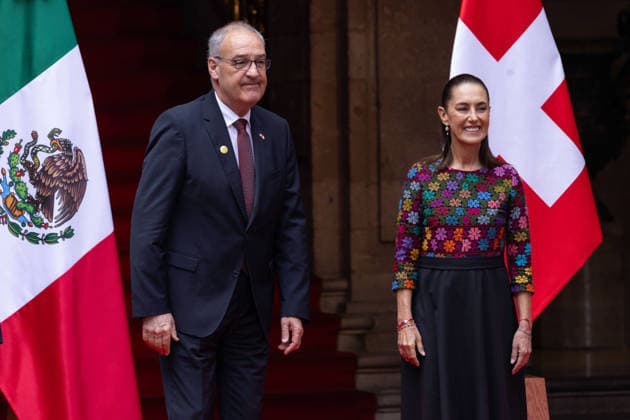 July 8, 2026, Mexico City, Mexico: The President of Mexico, CLAUDIA SHEINBAUM PARDO, welcomed the President of the Swiss Confederation and Minister of Economy, GUY PARMELIN, accompanied by his wife, CAROLINE MEROTTO, during an official ceremony in the Courtyard of Honor at the National Palace in Mexico City, as part of the Swiss leaders official visit to the country. Mexico City Mexico - ZUMAl178 20260708_znp_l178_014 Copyright: xCristianxLeyvax