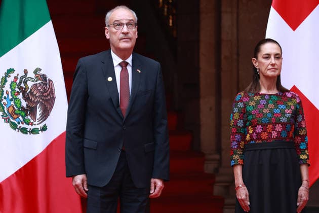 Swiss President Guy Parmelin in Mexico MEXICO CITY, MEXICO - JULY 08: Swiss President Guy Parmelin (L) is received by Mexico s President Claudia Sheinbaum (R) during a welcome ceremony, at the National Palace, in Mexico City, Mexico on July 08, 2026. The visit of Swiss President Guy Parmelin to Mexico aims to strengthen bilateral economic and trade relations, as well as to promote new investment opportunities between both nations and advance the modernization of the EFTA free trade agreement. Daniel Cardenas Anadolu Mexico City Mexico. Editorial use only. Please get in touch for any other usage.  Copyright: x2026xAnadoluxDanielxCardenasx
