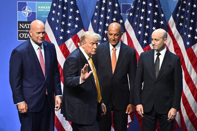ANKARA, TURKIET 20260708 USA:s president Donald Trump talar. Bakom honom USA:s NATO-ambassadör Matthew Whitaker, USA:s ambassadör i Turkiet Tom Barrack och Vita husets vice stabschef Stephen Miller under Nato-toppmötet i Ankara, Turkiet. ANKARA TURKIET x10430x *** ANKARA, TURKEY 20260708 U.S. President Donald Trump speaks. Behind him are U.S. Ambassador to NATO Matthew Whitaker, U.S. Ambassador to Turkey Tom Barrack, and White House Deputy Chief of Staff Stephen Miller during the NATO summit in Ankara, Turkey ANKARA TURKEY x10430x  Copyright: xChristinexOlsson TTx NATO-TOPPMÖTE ANKARA 2026 yUupr8ZGf2o