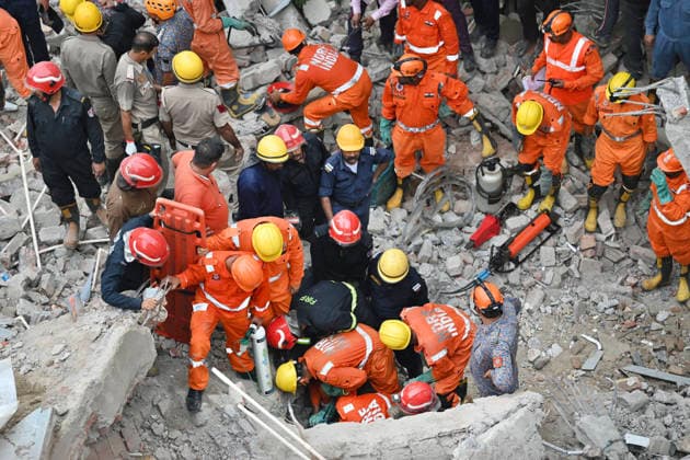 NEW DELHI, INDIA - JULY 8: National Disaster Response Force (NDRF) personnel carry out rescue operations after an under-construction building collapsed in G Block, Sector 16, Rohini on July 8, 2026 in New Delhi India. Multiple agencies, including Delhi Police and the fire department, launched a search-and-rescue operation amid fears that several people were trapped under the debris.(Photo by Sanchit Khanna Hindustan Times) Man Killed As Under-Construction Building Collapses In Delhi s Rohini Sector 16