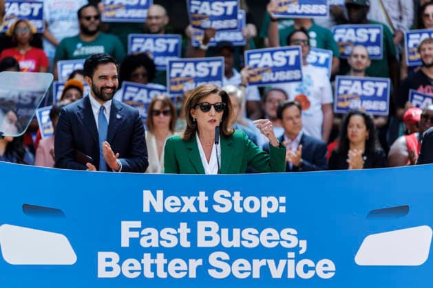 July 8, 2026, Brooklyn, New York, USA: Governor KATHY HOCHUL addresses the crowd with Mayor ZOHRAN MAMDANI, left, during a press conference to unveil a bus action plan on Wednesday. Mayor Zohran Mamdani and Governor Kathy Hochul unveiled Ã¢â‚¬ËœNext Stop Fast Buses, Better Service,Ã¢â‚¬â ¢ aimed at making services faster and more accessible, and announced partnerships with the New York City Department of Transportation (NYC DOT) and the Metropolitan Transportation Authority Brooklyn USA  - ZUMAh182 20260708_znp_h182_011 Copyright: xMatthewxHoenx