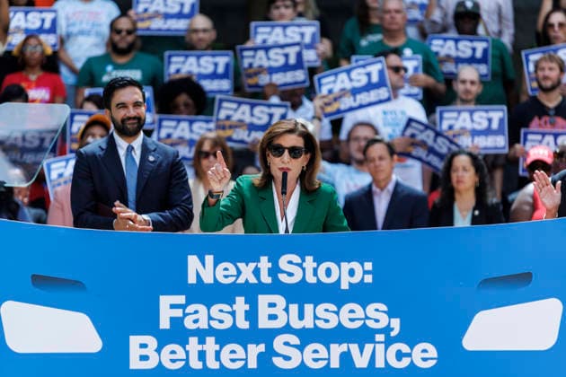 July 8, 2026, Brooklyn, New York, USA: Governor KATHY HOCHUL addresses the crowd with Mayor ZOHRAN MAMDANI, left, during a press conference to unveil a bus action plan on Wednesday. Mayor Zohran Mamdani and Governor Kathy Hochul unveiled Ã¢â‚¬ËœNext Stop Fast Buses, Better Service,Ã¢â‚¬â ¢ aimed at making services faster and more accessible, and announced partnerships with the New York City Department of Transportation (NYC DOT) and the Metropolitan Transportation Authority Brooklyn USA - ZUMAh182 20260708_znp_h182_010 Copyright: xMatthewxHoenx