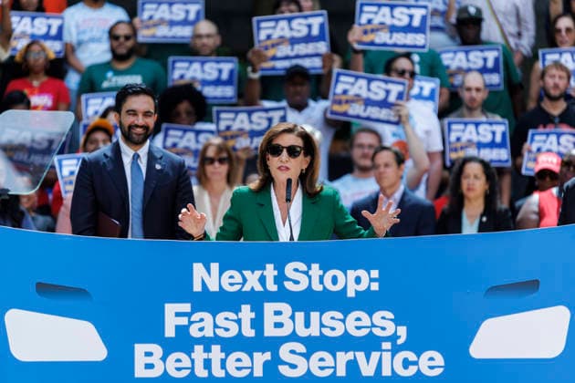July 8, 2026, Brooklyn, New York, USA: Governor KATHY HOCHUL addresses the crowd with Mayor ZOHRAN MAMDANI, left, during a press conference to unveil a bus action plan on Wednesday. Mayor Zohran Mamdani and Governor Kathy Hochul unveiled Ã¢â‚¬ËœNext Stop Fast Buses, Better Service,Ã¢â‚¬â ¢ aimed at making services faster and more accessible, and announced partnerships with the New York City Department of Transportation (NYC DOT) and the Metropolitan Transportation Authority Brooklyn USA - ZUMAh182 20260708_znp_h182_013 Copyright: xMatthewxHoenx