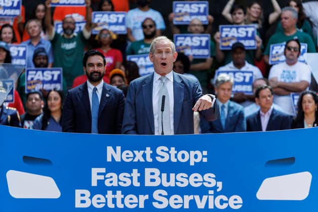 July 8, 2026, Brooklyn, New York, USA: Chair and CEO of the MTA, JANNO LIEBER, addresses the crowd with Mayor ZOHRAN MAMDANI, left, during a press conference to unveil a bus action plan on Wednesday. Mayor Zohran Mamdani and Governor Kathy Hochul unveiled Ã¢â‚¬ËœNext Stop Fast Buses, Better Service,Ã¢â‚¬â ¢ aimed at making services faster and more accessible, and announced partnerships with the New York City Department of Transportation (NYC DOT) and the Metropolitan Transportation Authority Brooklyn USA - ZUMAh182 20260708_znp_h182_017 Copyright: xMatthewxHoenx
