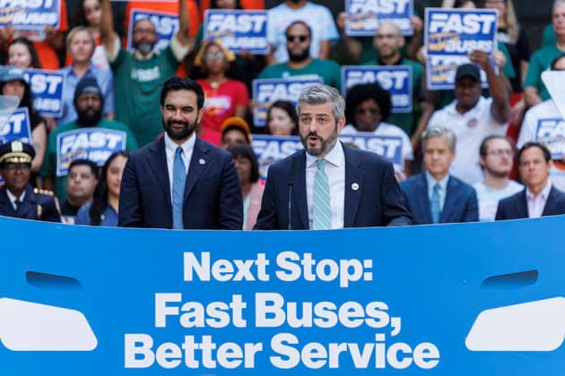July 8, 2026, Brooklyn, New York, USA: NYC DOT Commissioner, MIKE FLYNN, addresses the crowd with Mayor ZOHRAN MAMDANI, left, during a press conference to unveil a bus action plan on Wednesday. Mayor Zohran Mamdani and Governor Kathy Hochul unveiled Ã¢â‚¬ËœNext Stop Fast Buses, Better Service,Ã¢â‚¬â ¢ aimed at making services faster and more accessible, and announced partnerships with the New York City Department of Transportation (NYC DOT) and the Metropolitan Transportation Authority Brooklyn USA - ZUMAh182 20260708_znp_h182_019 Copyright: xMatthewxHoenx