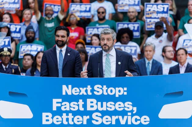 July 8, 2026, Brooklyn, New York, USA: NYC DOT Commissioner, MIKE FLYNN, addresses the crowd with Mayor ZOHRAN MAMDANI, left, during a press conference to unveil a bus action plan on Wednesday. Mayor Zohran Mamdani and Governor Kathy Hochul unveiled Ã¢â‚¬ËœNext Stop Fast Buses, Better Service,Ã¢â‚¬â ¢ aimed at making services faster and more accessible, and announced partnerships with the New York City Department of Transportation (NYC DOT) and the Metropolitan Transportation Authority Brooklyn USA - ZUMAh182 20260708_znp_h182_018 Copyright: xMatthewxHoenx