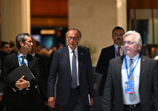 NATO Ankara Summit ANKARA, TURKIYE - JULY 8: German Chancellor Friedrich Merz leaves the venue after holding a press conference during the NATO Ankara Summit in Ankara, Turkiye, on July 8, 2026. Mehmet Ali Ozcan Anadolu Ankara Turkey. Editorial use only. Please get in touch for any other usage.  Copyright: x2026xAnadoluxMehmetxAlixOzcanx