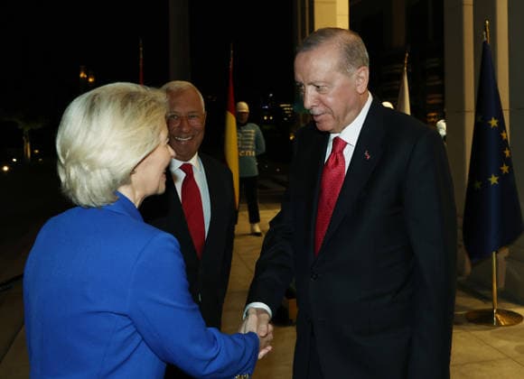 Turkish President Erdogan receives Ursula von der Leyen and Antonio Costa in Ankara ANKARA, TURKIYE - JULY 8: (----EDITORIAL USE ONLY - MANDATORY CREDIT - TURKISH PRESIDENCY MURAT CETINMUHURDAR HANDOUT - NO MARKETING NO ADVERTISING CAMPAIGNS - DISTRIBUTED AS A SERVICE TO CLIENTS----) Turkish President Recep Tayyip Erdogan welcomes European Commission President Ursula von der Leyen and European Council President Antonio Costa at the Presidential Complex in Ankara, Turkiye, on July 8, 2026. Turkish Presidency Murat Cetinmuhurdar Handout Anadolu Ankara Turkey. Editorial use only. Please get in touch for any other usage.  Copyright: x2026xAnadoluxTurkishxPresidency xMuratxCetinmuhurdarx xHandoutx