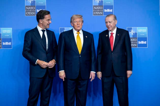 President Donald Trump, center, is greeted by NATO Secretary General Mark Rutte, left, and Turkish President Recep Tayyip Erdogan as he arrives for the NATO summit in Ankara, Turkey, Wednesday, July 8, 2026. The summit comes at a critical moment for the 77?year?old transatlantic alliance, as the U.S. president presses members to honor their pledge to boost defense spending amid Washington s pullback from Europe.  TUR2026070825 NATO