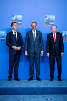 From left: NATO Secretary General Mark Rutte, Germany s Chancellor Friedrich Merz, and Turkish President Recep Tayyip Erdogan pose for cameras during the NATO summit in Ankara, Turkey, Wednesday, July 8, 2026. The summit comes at a critical moment for the 77?year?old transatlantic alliance, as the U.S. president presses members to honor their pledge to boost defense spending amid Washington s pullback from Europe.  TUR2026070828 NATO