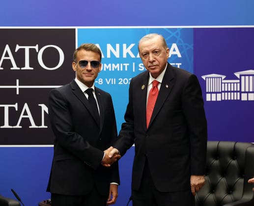 French President Emmanuel Macron meets with Turkish President Recep Tayyip Erdogan in a bilateral meeting on the sidelines of the 36th NATO Summit at Bestepe Presidential Compound in Ankara, Turkey, July 8, 2026.  TUR2026070839 TurkishxPresidencyxOffice