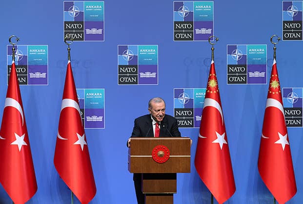 Turkish President Recep Tayyip Erdogan arrives at a press conference during the 2026 NATO Summit in Ankara, Turkey, Turkey, Wednesday, July 8, 2026.  TUR2026070849 TurkishxPresidencyxOffice