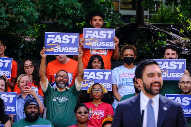 NEW YORK, NY- JULY 8: NY Mayor Zohran Mamdani at the unveiling of Next Stop: Fast Buses, Better Service on July 8, 2026 in New York City. A sweeping bus action plan to build the next generation of bus service in New York City installing shelters and seating at hundreds of bus stops, roll out thousands of new buses, phase in all-door boarding in 2027 and deliver a new, world-class rapid bus route on Flatbush Avenue by 2030 Copyright: xKatiexGodowskix