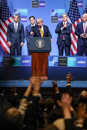 July 8, 2026, Ankara, Turkiye, Turkiye: U.S. President DONALD TRUMP points at a journalist to ask a question from the podium during a closing press conference at the NATO Summit in Ankara, Turkiye, alongside members of the U.S. delegation. Trump described the summit as Ã¢â‚¬oetremendously successfulÃ¢â‚¬Â following meetings with allied leaders on defence spending, collective security and NATO coordination. Ankara Turkiye  - ZUMAo116 20260708_znp_o116_034 Copyright: xBiancaxOterox