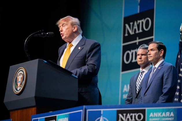 Donald Trump at NATO Summit Press Conference - Ankara AJ US President Donald Trump and USA Secretary of War Pete Hegseth and USA Secretary of State Marco Rubio stand behind speaks to the press during a NATO (OTAN) Summit at Bestepe Presidential Compound in Ankara, Turkiye on July 8, 2026. The summit comes at a fraught time for the 77-year-old transatlantic alliance, with the US President demanding members make good on a pledge to ramp up defence spending as Washington takes a step back from Europe. Photo by Alexis Jumeau ABACAPRESS.COM. Ankara  Copyright: xJumeauxAlexis ABACAx