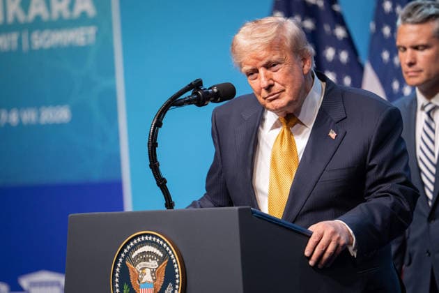 Donald Trump at NATO Summit Press Conference - Ankara AJ US President Donald Trump speaks to the press during a NATO (OTAN) Summit at Bestepe Presidential Compound in Ankara, Turkiye on July 8, 2026. The summit comes at a fraught time for the 77-year-old transatlantic alliance, with the US President demanding members make good on a pledge to ramp up defence spending as Washington takes a step back from Europe. Photo by Alexis Jumeau ABACAPRESS.COM. Ankara  Copyright: xJumeauxAlexis ABACAx