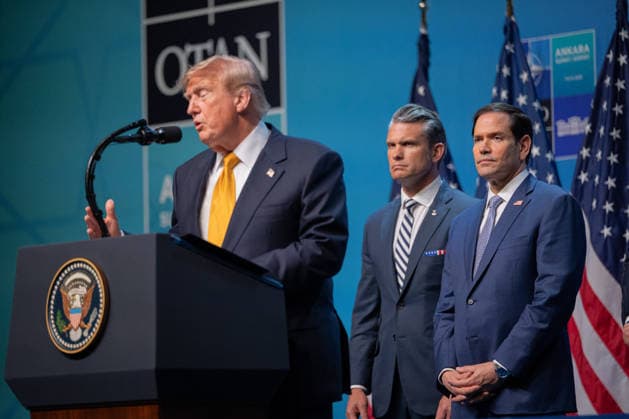 Donald Trump at NATO Summit Press Conference - Ankara AJ US President Donald Trump and USA Secretary of War Pete Hegseth and USA Secretary of State Marco Rubio stand behind speaks to the press during a NATO (OTAN) Summit at Bestepe Presidential Compound in Ankara, Turkiye on July 8, 2026. The summit comes at a fraught time for the 77-year-old transatlantic alliance, with the US President demanding members make good on a pledge to ramp up defence spending as Washington takes a step back from Europe. Photo by Alexis Jumeau ABACAPRESS.COM. Ankara  Copyright: xJumeauxAlexis ABACAx