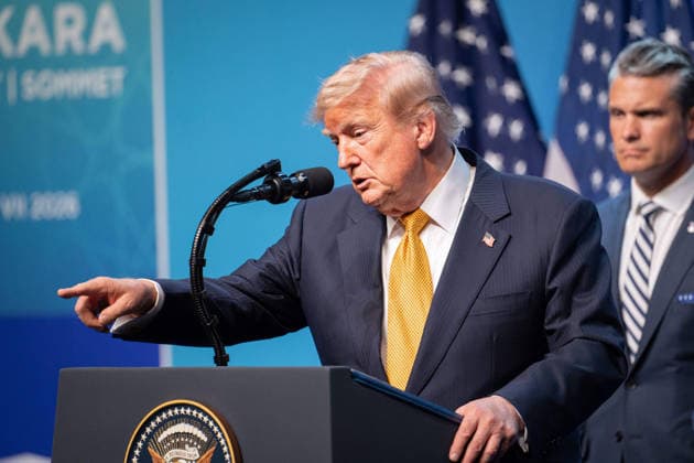 Donald Trump at NATO Summit Press Conference - Ankara AJ US President Donald Trump speaks to the press during a NATO (OTAN) Summit at Bestepe Presidential Compound in Ankara, Turkiye on July 8, 2026. The summit comes at a fraught time for the 77-year-old transatlantic alliance, with the US President demanding members make good on a pledge to ramp up defence spending as Washington takes a step back from Europe. Photo by Alexis Jumeau ABACAPRESS.COM. Ankara  Copyright: xJumeauxAlexis ABACAx