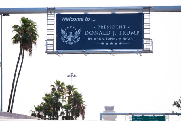 July 8, 2026, West Palm Beach, Fl, USA: A newly installed Ã¢â‚¬oePresident Donald J. Trump International AirportÃ¢â‚¬Â sign stands above the entrance roadway, with the airportÃ¢â‚¬â ¢s control tower visible below as preparations continue ahead of the July 9 name change. West Palm Beach USA  - ZUMAc343 20260708_znp_c343_002 Copyright: xChrisxBeckettx