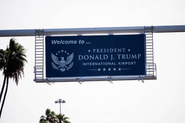 July 8, 2026, West Palm Beach, Fl, USA: A newly mounted overhead sign welcoming travelers to Ã¢â‚¬oePresident Donald J. Trump International AirportÃ¢â‚¬Â stands above palm trees near the entrance as the airport transitions to its updated name. West Palm Beach USA - ZUMAc343 20260708_znp_c343_001 Copyright: xChrisxBeckettx