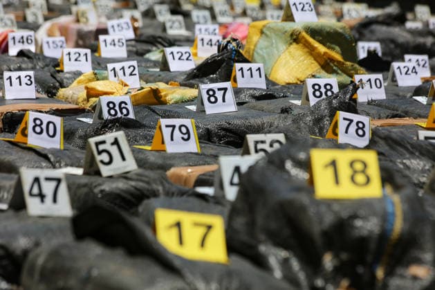 Salvadoran Security Authorities Present Seized Drug Shipment LA PAZ, EL SALVADOR - JULY 08: Details of the numbered drug packages with evidence during the presentation of a drug shipment seized at sea by Salvadoran security authorities, at the Port Captaincy of La Concordia on the Costa del Sol, La Paz, El Salvador on July 08, 2026. Salvadoran President Nayib Bukele reported on his social media that on June 18, members of the Salvadoran National Navy seized 6.68 tons of drugs more than 600 nautical miles offshore, valued at $167 million. Alex Pena Anadolu La Paz El Salvador. Editorial use only. Please get in touch for any other usage.  Copyright: x2026xAnadoluxAlexxPenax