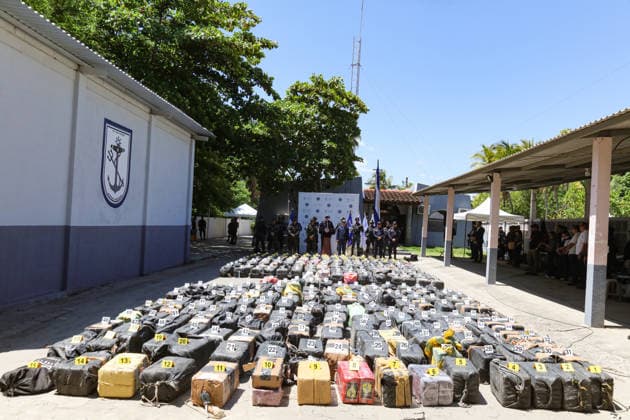 Salvadoran Security Authorities Present Seized Drug Shipment LA PAZ, EL SALVADOR - JULY 08: Gustavo Villatoro (C), Minister of Justice and Public Security of El Salvador speaking in front of drug packages marked as evidence during the presentation of a drug shipment seized at sea by Salvadoran security authorities, at the Port Captaincy of La Concordia on the Costa del Sol, La Paz, El Salvador on July 08, 2026. Salvadoran President Nayib Bukele reported on his social media that on June 18, members of the Salvadoran National Navy seized 6.68 tons of drugs more than 600 nautical miles offshore, valued at $167 million. Alex Pena Anadolu La Paz El Salvador. Editorial use only. Please get in touch for any other usage.  Copyright: x2026xAnadoluxAlexxPenax