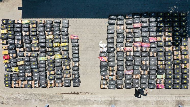 Salvadoran Security Authorities Present Seized Drug Shipment LA PAZ, EL SALVADOR - JULY 08: An aerial view of the drug packages during the presentation of a drug shipment seized at sea by Salvadoran security authorities, at the Port Captaincy of La Concordia on the Costa del Sol, La Paz, El Salvador on July 08, 2026. Salvadoran President Nayib Bukele reported on his social media that on June 18, members of the Salvadoran National Navy seized 6.68 tons of drugs more than 600 nautical miles offshore, valued at $167 million. Alex Pena Anadolu La Paz El Salvador. Editorial use only. Please get in touch for any other usage.  Copyright: x2026xAnadoluxAlexxPenax