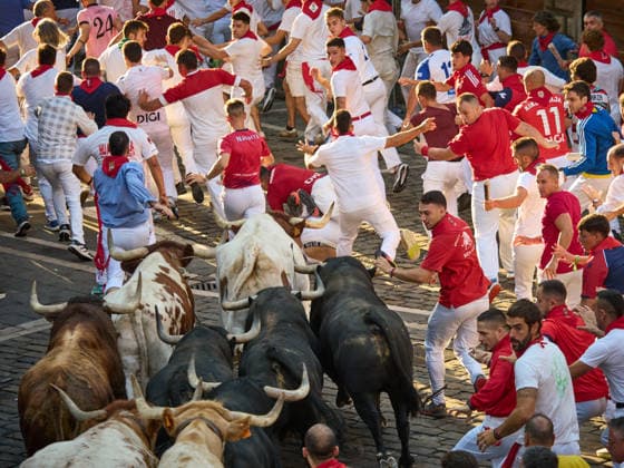 Third bull run of the 2026 San Fermín Festival, featuring bulls from the Victoriano del Río ranch; the third bull run of the 2026 San Fermín Festival took place on July 9, 2026, in Pamplona, Navarre, Spain. On this occasion, the third running of the San Fermín festival featured bulls from the Victoriano del Río ranch, Spain  Copyright: xEduardoxSanzx 7654889
