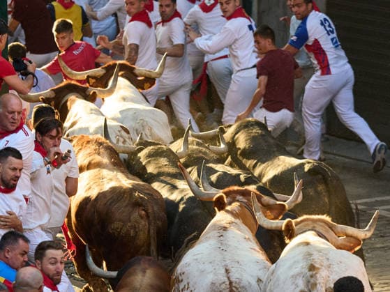 Third bull run of the 2026 San Fermín Festival, featuring bulls from the Victoriano del Río ranch; the third bull run of the 2026 San Fermín Festival took place on July 9, 2026, in Pamplona, Navarre, Spain. On this occasion, the third running of the San Fermín festival featured bulls from the Victoriano del Río ranch, Spain  Copyright: xEduardoxSanzx 7654886