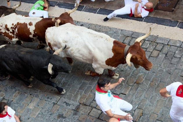 July 9, 2026, Pamplona, Navarre, Spain: People take part in the traditional encierro (bull-run) of the San Fermin Festival in Pamplona, Spain on July 09, 2026. The bull-running fiesta is held annually from 06 to 14 July in commemoration of the city s patron saint. Visitors from all over the world attend the festival. Many of them physically participate in the highlight event - the running of the bulls, or encierro - where they attempt to outrun the animals along a route through the narrow streets of Pamplona s old city. Pamplona Spain - ZUMAa206 20260709_zsp_a206_008 Copyright: xRubenxAlbarranx