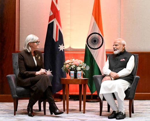 NARENDRA MODI AUSTRALIA VISIT The Prime Minister of India Narendra Modi meets with the Australian Governor-General, HE The Hon Sam Mostyn AC at the Park Hyatt in Melbourne, Thursday, July 9, 2026. (AAP Image NewsWire, pool) NO ARCHIVING Melbourne Park Hyatt Entrance Victoria Australia *** NARENDRA MODI S VISIT TO AUSTRALIA: Indian Prime Minister Narendra Modi meets with the Australian Governor General, His Excellency The Hon. Sam Mostyn AC, at the Park Hyatt in Melbourne on Thursday, July 9, 2026. AAP Image NewsWire, pool. NO ARCHIVING. Park Hyatt Melbourne Entrance, Victoria, Australia Poolfoto AAPIMAGE ,EDITORIAL USE ONLY