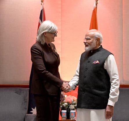 NARENDRA MODI AUSTRALIA VISIT The Prime Minister of India Narendra Modi meets with the Australian Governor-General, HE The Hon Sam Mostyn AC at the Park Hyatt in Melbourne, Thursday, July 9, 2026. (AAP Image NewsWire, pool) NO ARCHIVING Melbourne Park Hyatt Entrance Victoria Australia *** NARENDRA MODI S VISIT TO AUSTRALIA: Indian Prime Minister Narendra Modi meets with the Australian Governor General, His Excellency The Hon. Sam Mostyn AC, at the Park Hyatt in Melbourne on Thursday, July 9, 2026. AAP Image NewsWire, pool. NO ARCHIVING. Park Hyatt Melbourne Entrance, Victoria, Australia Poolfoto AAPIMAGE ,EDITORIAL USE ONLY