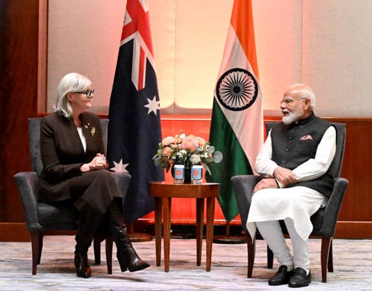 NARENDRA MODI AUSTRALIA VISIT The Prime Minister of India Narendra Modi meets with the Australian Governor-General, HE The Hon Sam Mostyn AC at the Park Hyatt in Melbourne, Thursday, July 9, 2026. (AAP Image NewsWire, pool) NO ARCHIVING Melbourne Park Hyatt Entrance Victoria Australia *** NARENDRA MODI S VISIT TO AUSTRALIA: Indian Prime Minister Narendra Modi meets with the Australian Governor General, His Excellency The Hon. Sam Mostyn AC, at the Park Hyatt in Melbourne on Thursday, July 9, 2026. AAP Image NewsWire, pool. NO ARCHIVING. Park Hyatt Melbourne Entrance, Victoria, Australia Poolfoto AAPIMAGE ,EDITORIAL USE ONLY