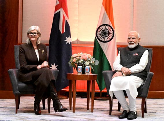 NARENDRA MODI AUSTRALIA VISIT The Prime Minister of India Narendra Modi meets with the Australian Governor-General, HE The Hon Sam Mostyn AC at the Park Hyatt in Melbourne, Thursday, July 9, 2026. (AAP Image NewsWire, pool) NO ARCHIVING Melbourne Park Hyatt Entrance Victoria Australia *** NARENDRA MODI S VISIT TO AUSTRALIA: Indian Prime Minister Narendra Modi meets with the Australian Governor General, His Excellency The Hon. Sam Mostyn AC, at the Park Hyatt in Melbourne on Thursday, July 9, 2026. AAP Image NewsWire, pool. NO ARCHIVING. Park Hyatt Melbourne Entrance, Victoria, Australia Poolfoto AAPIMAGE ,EDITORIAL USE ONLY