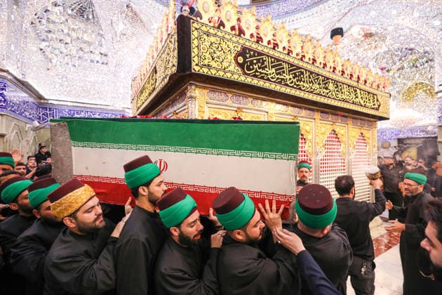 Funeral ceremony held in Karbala for Iran s late Supreme Leader Khamenei KARBALA, IRAQ - JULY 9: Iraqis attend the funeral ceremony held for former Iranian Supreme Leader Ali Khamenei, who was killed in a U.S.-Israeli airstrike, on July 9, 2026 in Karbala, Iraq. Khamenei s coffin is carried through the shrines of Imam Hussein and his brother Abbas during the ceremony. Stringer Anadolu Karbala Iraq. Editorial use only. Please get in touch for any other usage.  Copyright: x2026xAnadoluxStringerx