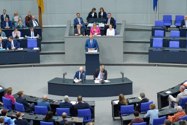 Deutscher Bundestag, 89. Plenarsitzung Bundeskanzler Friedrich Merz (CDU) bei der Abgabe seiner Regierungserklaerung vor den zahlreichen Abgeordneten und Mitgliedern der Bundesregierunge bei der 89. Sitzung des Deutschen Bundestag in Berlin, 09.07.2026 Berlin Berlin Deutschland *** German Bundestag, 89th Plenary Session: Federal Chancellor Friedrich Merz (CDU) delivering his government policy statement before numerous members of parliament and members of the federal government at the 89th session of the German Bundestag in Berlin, July 9, 2026, Berlin, Germany
