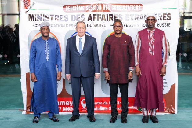 NIGER, NIAMEY - JULY 8, 2026: Russia s Foreign Minister Sergei Lavrov (2nd L) attends the 2nd Russia-Alliance of Sahel States ministerial meeting. Russian Foreign Ministry Press Service TASS  94851668