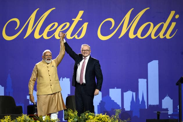 NARENDRA MODI AUSTRALIA VISIT, Indian Prime Minister Narendra Modi (left) and Australian Prime Minister Anthony Albanese during the Melbourne Meets Modi community event at Marvel Stadium in Melbourne, Thursday, July 9, 2026. ( NO ARCHIVING MELBOURNE VICTORIA AUSTRALIA  Copyright: xJOELxCARRETTx 20260709167611198904