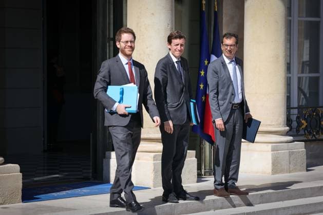 Paris, France le 09 juillet 2026 - Sortie du Conseil des ministres au palais de l Elysee - Exit of the Council of Ministers at the Elysee Palace Ici M. David AMIEL, ministre de l Action et des Comptes publics, M. Edouard GEFFRAY, ministre de l Education nationale et M. Jean-Pierre FARANDOU, ministre du Travail et des Solidarites  Copyright: xSebastienxTOUBONx