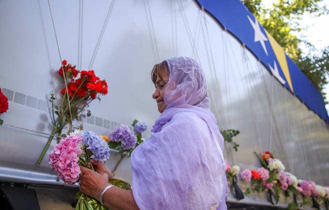 Remains of Srebrenica genocide victims sent off from Visoko VISOKO, BOSNIA AND HERZEGOVINA - JULY 09: The remains of Srebrenica genocide victims, placed in ten coffins, are sent off with tears and prayers from Visoko, near Sarajevo, on Thursday morning, on their final journey to the Potocari Memorial Center, where a collective funeral prayer and burial will be held on July 11, in Visoko, Bosnia and Herzegovina on July 09, 2026. Elman Omic Anadolu Visoko Bosnia and Herzegovina. Editorial use only. Please get in touch for any other usage.  Copyright: x2026xAnadoluxElmanxOmicx