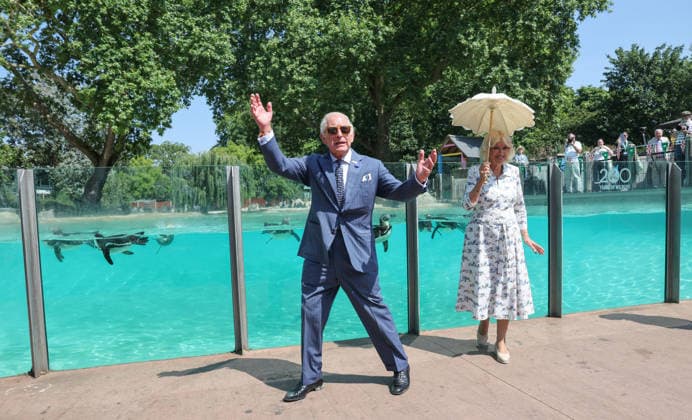 The King acknowledges the cheers from a the crowd at the Penguin beach at ZSL Lo The King acknowledges the cheers from a the crowd at the Penguin beach at ZSL London Zoo which he visited with The Queen to celebrate the Zoo™s 200th anniversary, Credit:Avalon.red PA ROTA - B68 Avalon  Copyright: xAvalon.redx xPAxROTAx-xB68x xAvalonx 1115489603