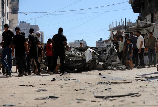Palestinians gather at site of Israeli strike in western Gaza City Palestinians gather at the site of an Israeli strike that targeted a vehicle west of Gaza City, Gaza Strip, on July 9, 2026. According to local sources, the strike killed one person and wounded others. Photo by Bilal Osama apaimages Gaza city Gaza Strip Palestinian Territory 090726_Gaza_BO_02(24) Copyright: xapaimagesxBilalxOsamax xapaimagesx